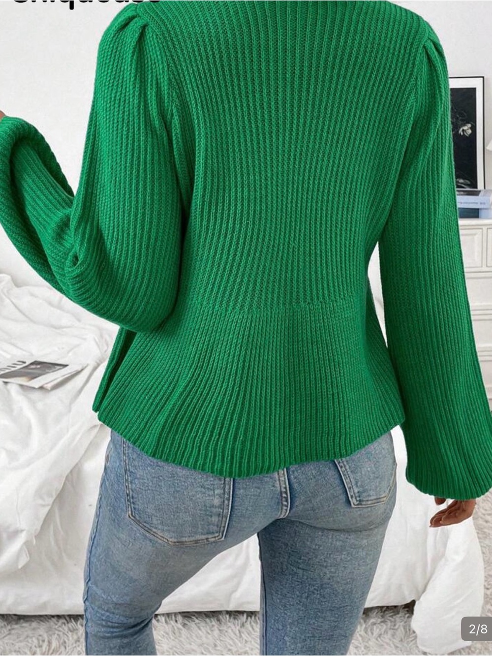 Green Tie-Front Ribbed Sweater Top - Picture 2 of 3